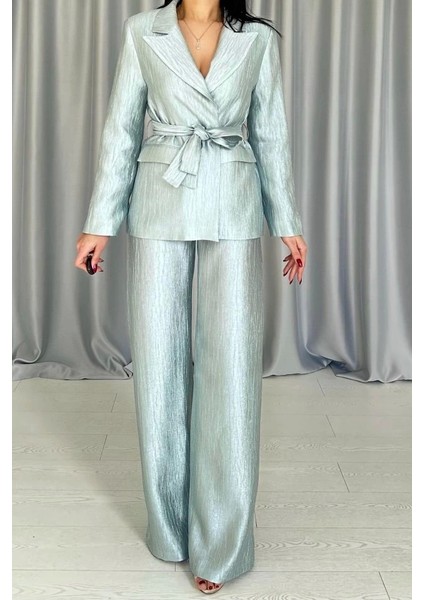 Mint Beli Kuşaklı Ceket ve Pantolon Parlak Takım modelleri