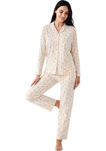 Kadın Krem Uzun Kollu Pijama Takımı 3435