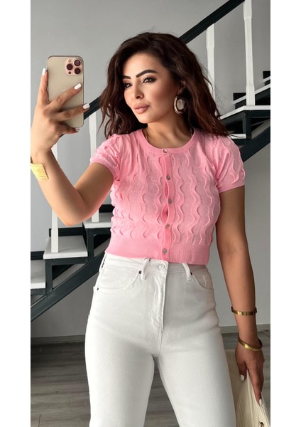 Pembe Bisiklet Yaka Dokulu Düğmeli Triko Hırka modelleri