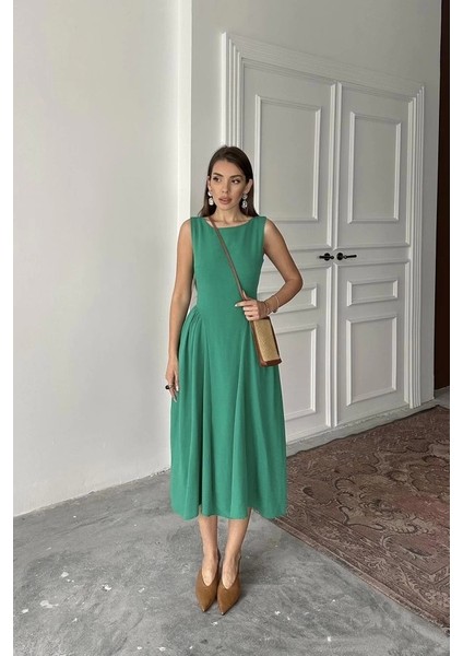 Yeşil Yanları Büzgülü Midi Boy Keten Elbise fiyatları
