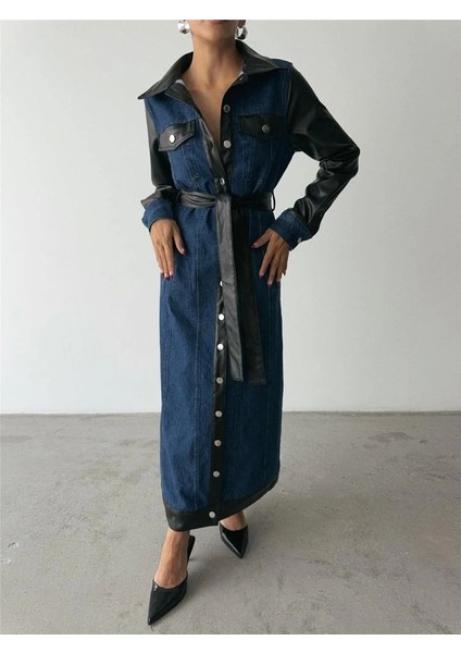 Kot Elbise Uzun Önden Düğmeli - Mavi modelleri