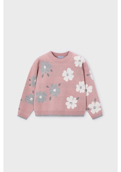 Kız Çocuk Çiçek Desenli Jakar Triko Kazak - Pudra Pembe