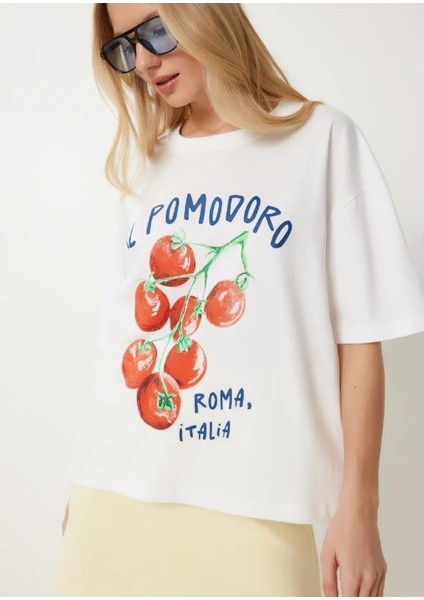 Kadın Oversize Kısa Kollu Baskılı %100 Pamuk T-Shirt
