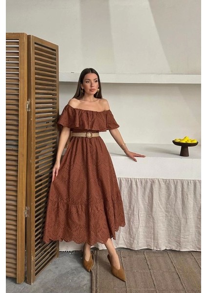 Kahverengi Omzu Lastikli Brode Elbise modelleri