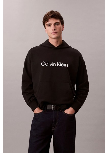Erkek Rahat Kesim Kapüşonlu Logo Baskılı Sweatshirt - Siyah