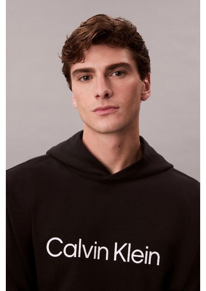 Erkek Rahat Kesim Kapüşonlu Logo Baskılı Sweatshirt - Siyah indirimleri