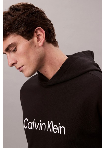 Erkek Rahat Kesim Kapüşonlu Logo Baskılı Sweatshirt - Siyah