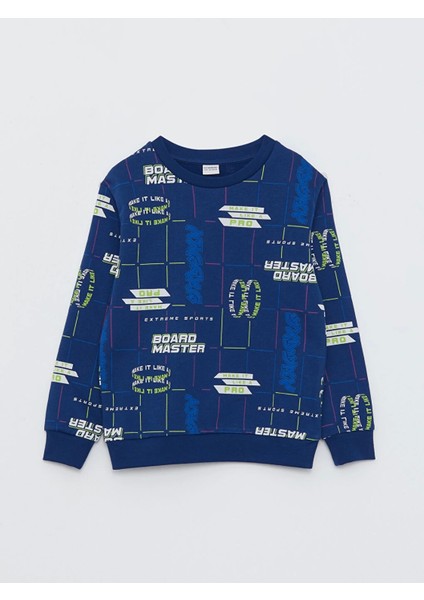 Lcw Kids Lacivert Bisiklet Yaka Baskılı Uzun Kollu Erkek Çocuk Sweatshirt
