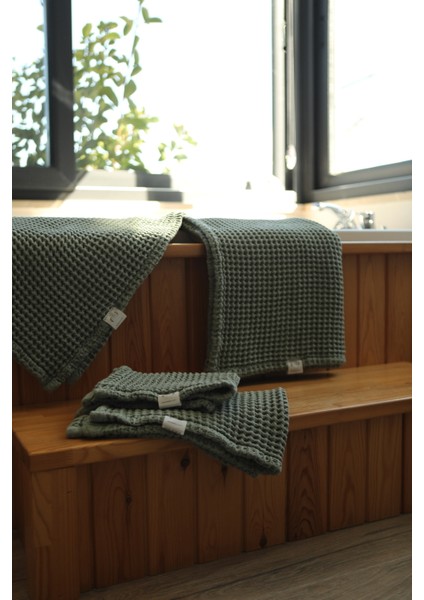 Premium Waffle %100 Pamuk 4’lü Haki Yeşili Renk Banyo Havlu Seti fiyatları