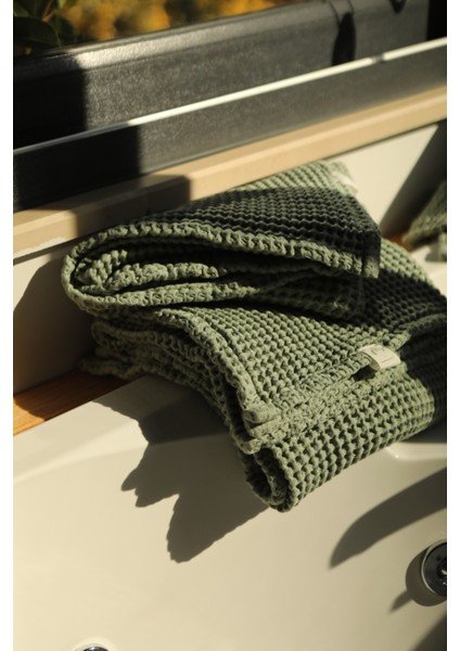 Premium Waffle %100 Pamuk 4’lü Haki Yeşili Renk Banyo Havlu Seti fırsatları