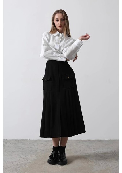 Pileli Kontrast Gömlek Elbise - Beyaz