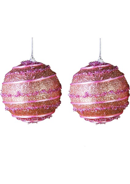 Yılbaşı Süsü Şeritli Simli 2'li Top Pembe 11 cm