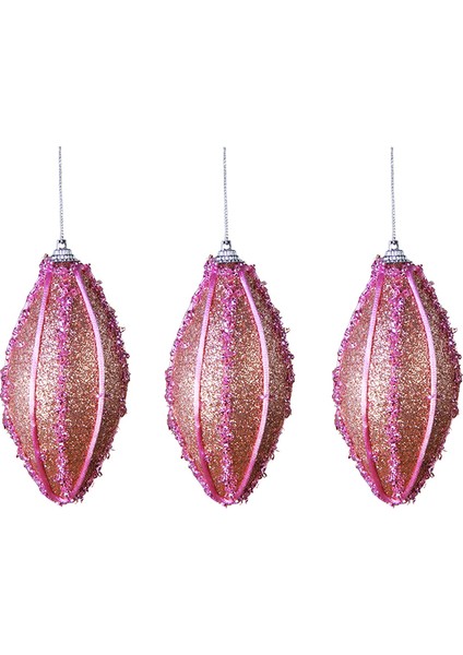 Yılbaşı Süsü Dalgalı Simli Oval 3'lü Top Pembe 11 cm