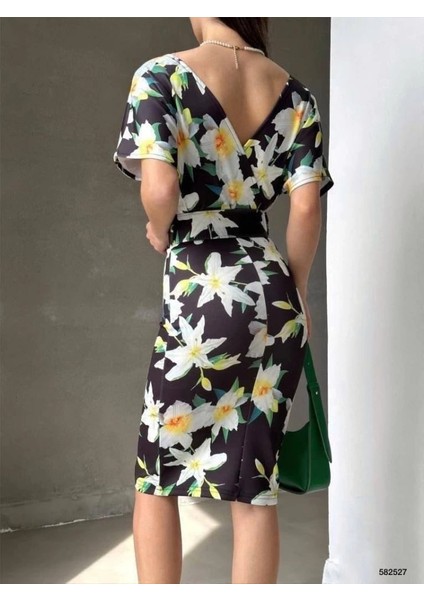 Kadın Dalgıç Kumaş V Yaka Çiçek Desenli Kuşaklı Kalem Elbise modelleri