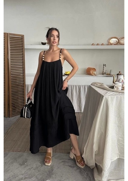Siyah Askılı Müslin Elbise modelleri