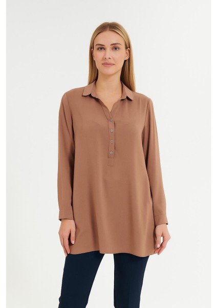 Kadın Büyük Beden Düğme Detaylı Jesica Kumaş Katlama Kol Gömlek Yaka Tunik