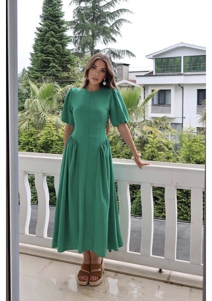 Yeşil Arkadan Bağlamalı Büzgülü Keten Elbise