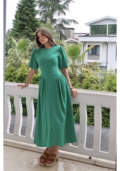Yeşil Arkadan Bağlamalı Büzgülü Keten Elbise fiyatları
