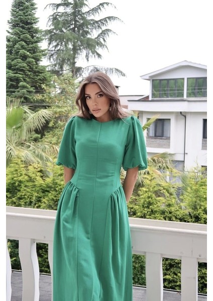 Yeşil Arkadan Bağlamalı Büzgülü Keten Elbise fırsatları