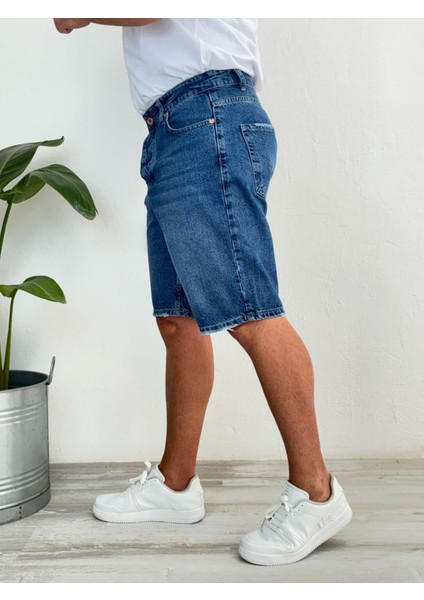 Havlu Yıkama Gri Mavi Fit Likrasız Jean Kot Şort