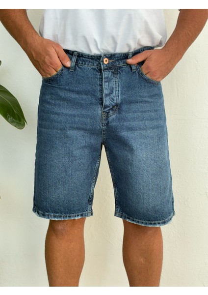 Havlu Yıkama Gri Mavi Fit Likrasız Jean Kot Şort