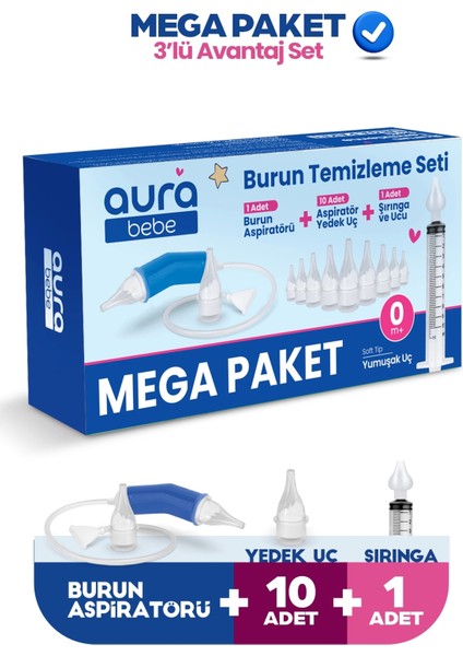 Mega Paket Burun Aspiratörü, 10 Adet Aspiratör Yedek Uç ve Burun Temizleme Yıkama Enjektörü