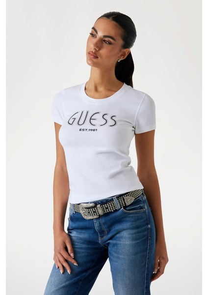Kadın Işlemeli Logolu Slim Fit T-Shirt - Beyaz