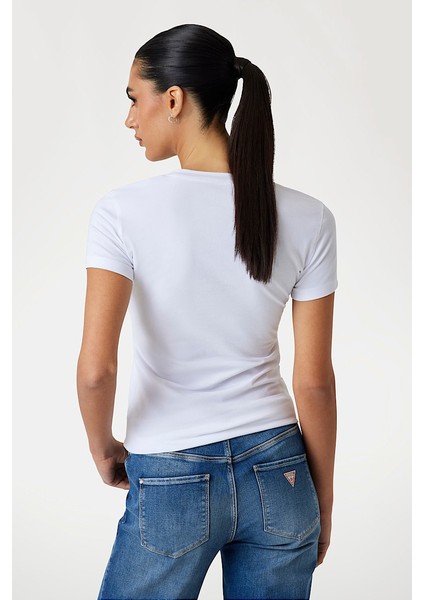 Kadın Işlemeli Logolu Slim Fit T-Shirt - Beyaz fiyatları