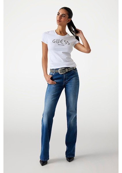 Kadın Işlemeli Logolu Slim Fit T-Shirt - Beyaz modelleri