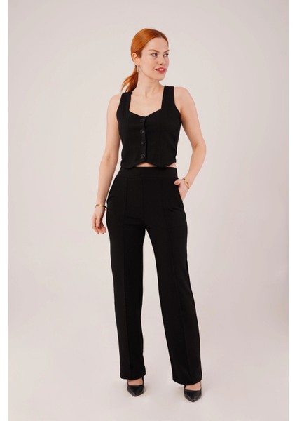 Kalın Askılı Düğmeli Yelek ve Pantolon Siyah Takım