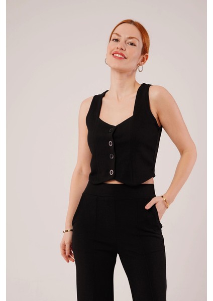 Kalın Askılı Düğmeli Yelek ve Pantolon Siyah Takım fiyatları