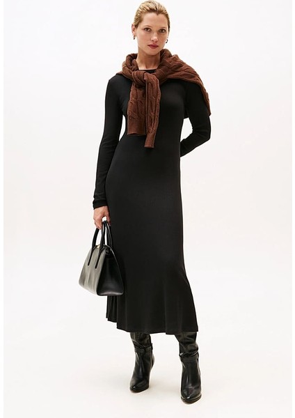 Kadın Dar Kesim Fitilli Eteği Çan Midi Elbise - Siyah