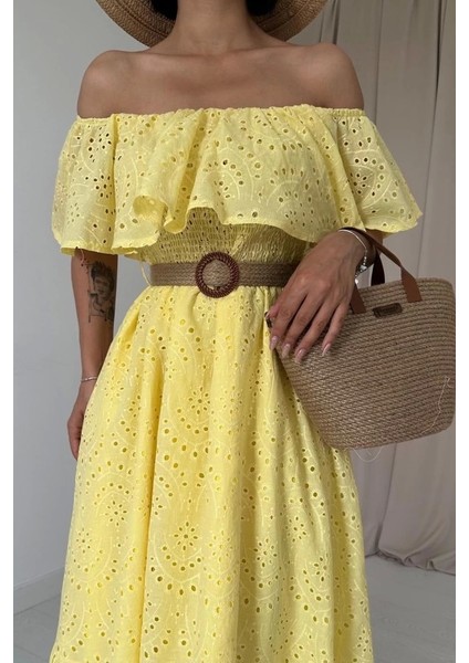 Sarı Omzu Lastikli Brode Elbise modelleri