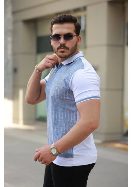 Erkek Fermuar Yakalı Çizgili Kısa Kollu Tişört fiyatları