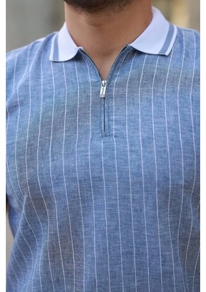 Erkek Fermuar Yakalı Çizgili Kısa Kollu Tişört modelleri