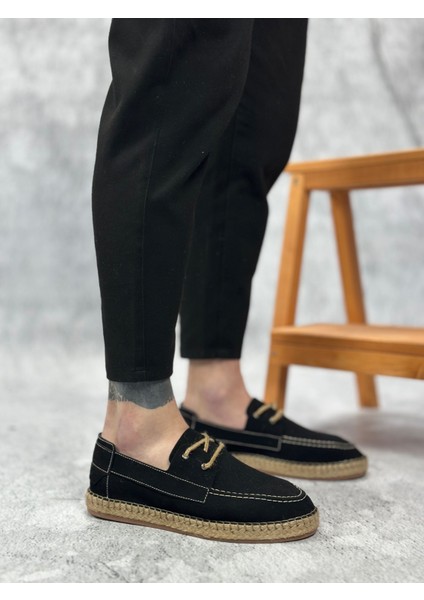 ET0358 Doğal Deri Tozu Bağcıklı Kauçuk El Yapımı Espadril Taban Siyah Renk Erkek Ayakkabı