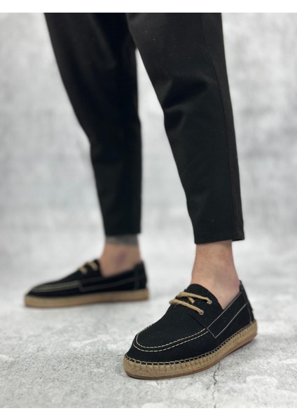 ET0358 Doğal Deri Tozu Bağcıklı Kauçuk El Yapımı Espadril Taban Siyah Renk Erkek Ayakkabı modelleri