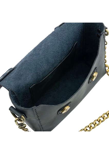 Isme Özel Çıtçıtlı Zincirli Küçük Boy El Omuz Çantası - %100 Deri - AC03001 - Lacivert fırsatları