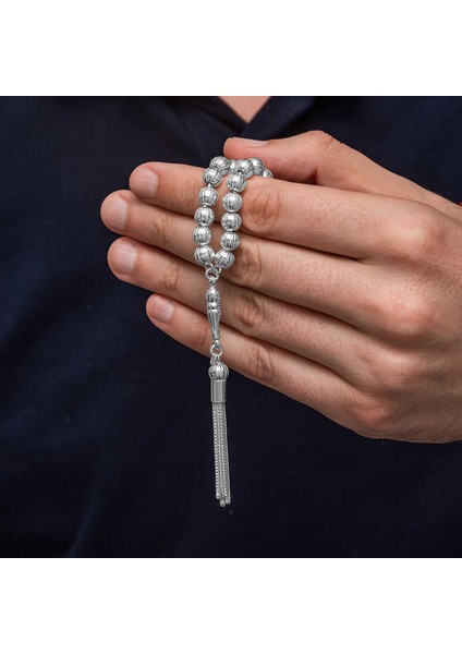Gümüş Yuvarlak Çizgili Erkek Tesbih