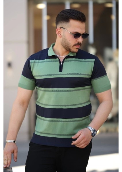 Erkek Yakalı Fermuarlı Çift Renk Kısa Kollu T-Shirt