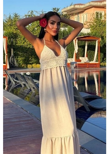 Göğsü Trikolu Keten Uzun Elbise 2904-08 fırsatları