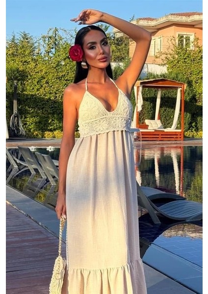 Göğsü Trikolu Keten Uzun Elbise 2904-08 indirimleri