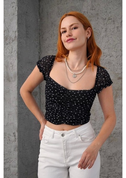 Puantiyeli Belden Oturtmalı Tül Siyah Bluz fiyatları