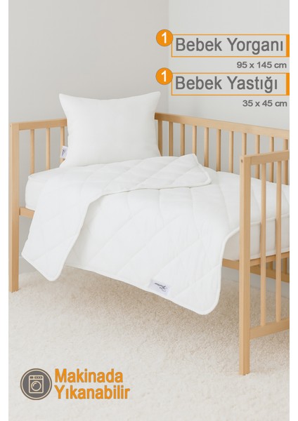 Ecotermo Beyaz Bebek Yorganı 95X145 cm + 1 Adet 35X45 Bebek Yastığı | Yumuşak & Nefes Alabilen