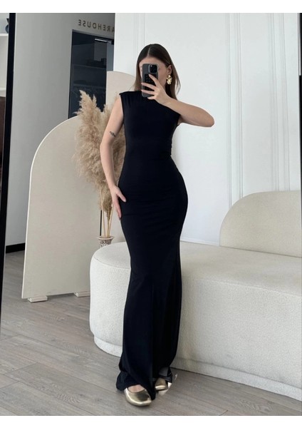 Kolsuz Uzun Likralı Elbise - Siyah fırsatları