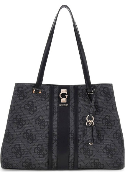 Kadın Şerit Detaylı Monogram Desenli Tote Çanta - Antrasit