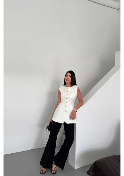 Keten Yelek Belden Oturtmalısıralı Düğme Detaylı - Beyaz