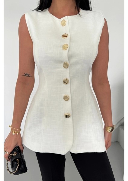 Keten Yelek Belden Oturtmalısıralı Düğme Detaylı - Beyaz fırsatları