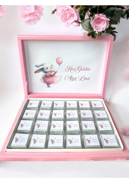 Isme Özel Tavşanlı (Elit Çikolata) Isimli Bebek Çikolatası 72LI Dogum-Yaş Günü-Hediyelik Çikolata