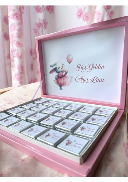 Isme Özel Tavşanlı (Elit Çikolata) Isimli Bebek Çikolatası 72LI Dogum-Yaş Günü-Hediyelik Çikolata